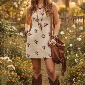 New Urban Outfitters cherry embroidered mini dress